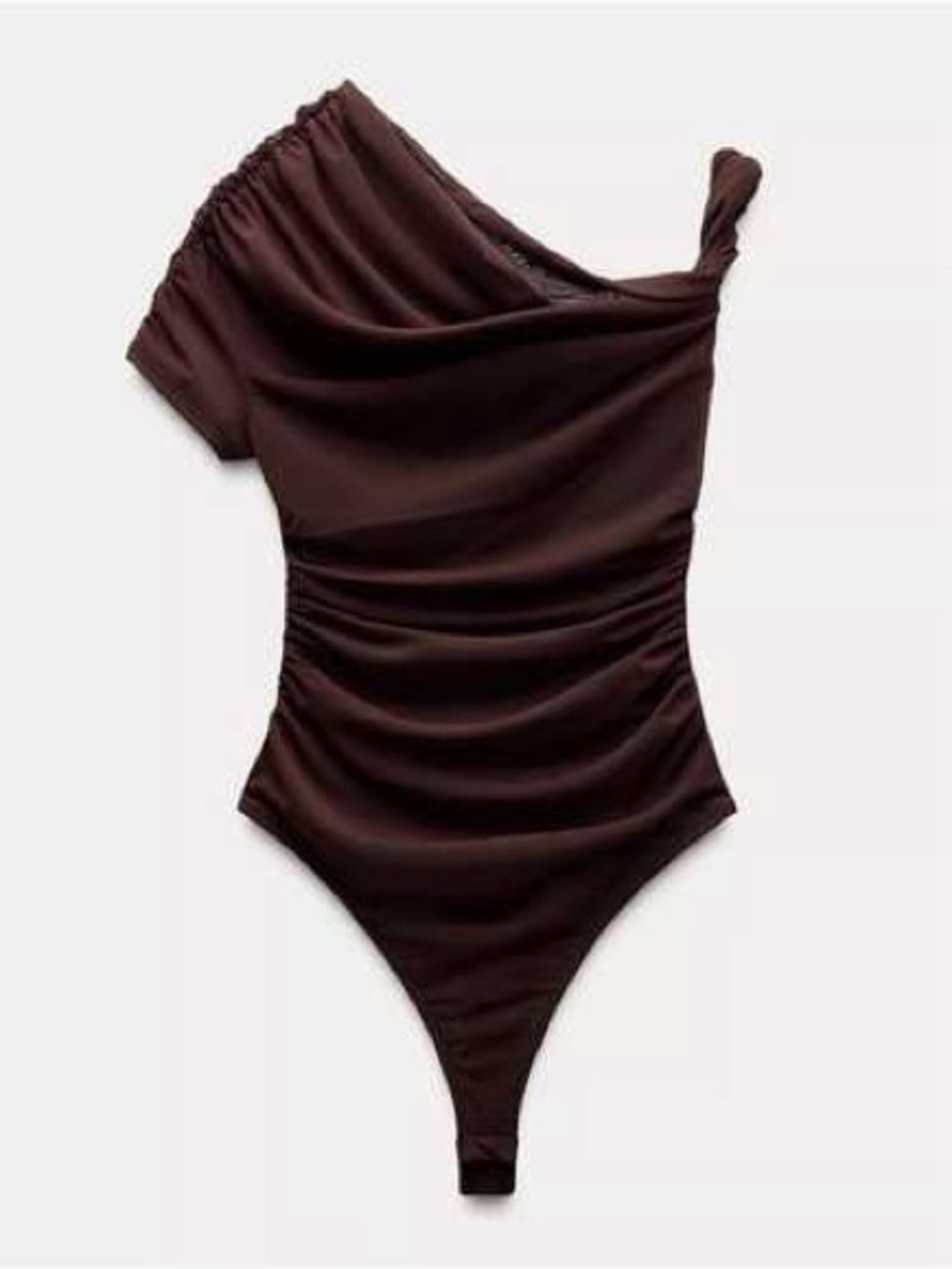 Zara Bodysuit Dark Brown One Shoulder Ruched Size Large Sheer